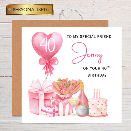 Personalised Female Birthday Card – Any Age & Relation: Custom Name Pink Balloon Cake and Champagne Design
