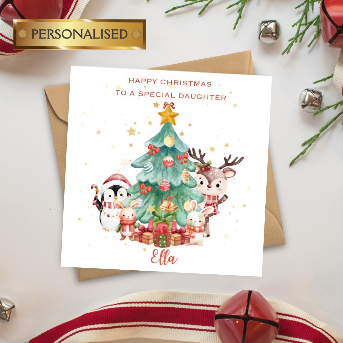 Personalised Christmas Card for any Relation | Cute Animal & Christmas Tree Design | Custom Name Holiday Greeting Card
