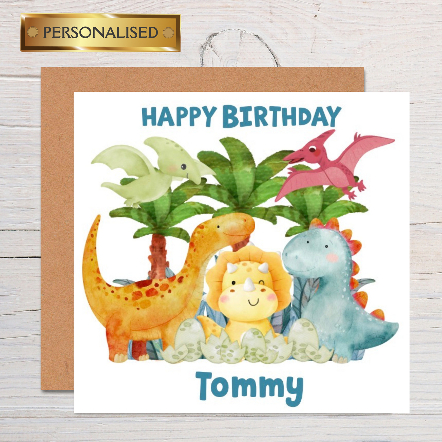 Personalised Dinosaur Birthday Card for Kids – Custom Name Children’s Greeting Card