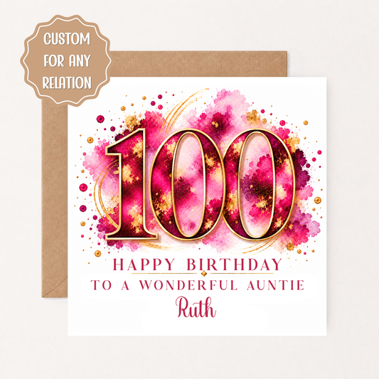 Personalised 100th Birthday Card for Her, Mum, Nan, Grandma or Auntie, Pink & Gold 100th Birthday Card with Name