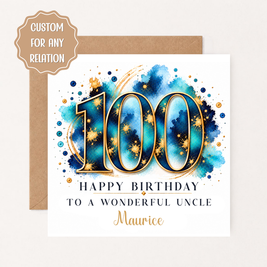 Personalised 100th Birthday Card for Him, Grandad, Great Grandad, Dad, Uncle, Blue Gold 100th Birthday Card, Custom Name