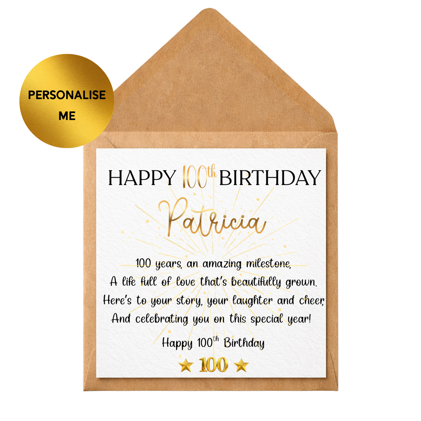 Personalised 100th Birthday Card, 100 Years Old Birthday Card, Custom Name 100th Card, Centenary Birthday Card, Elegant Gold Birthday Card