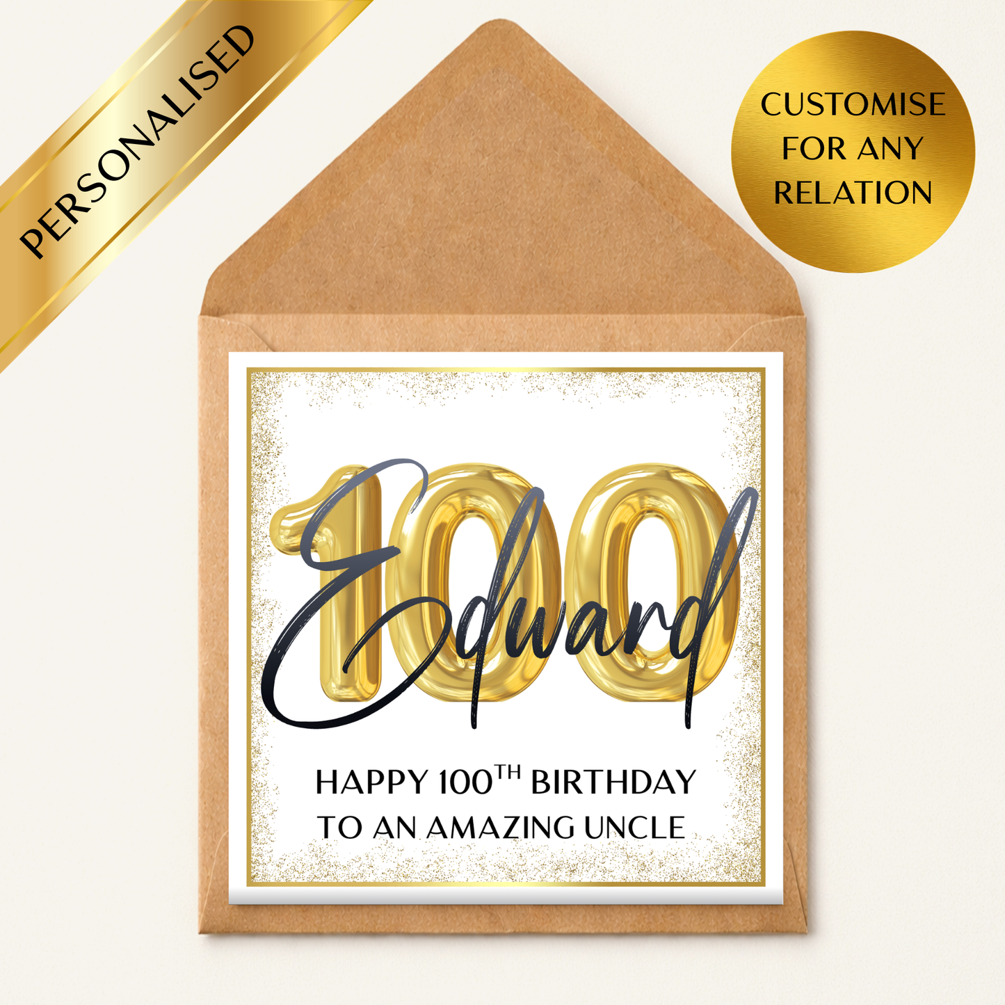 Personalised 100th Birthday Card, Custom Name 100th Birthday Card, Luxury Gold 100 Birthday Card, Any Relation 100th Card, Centenary Birthday