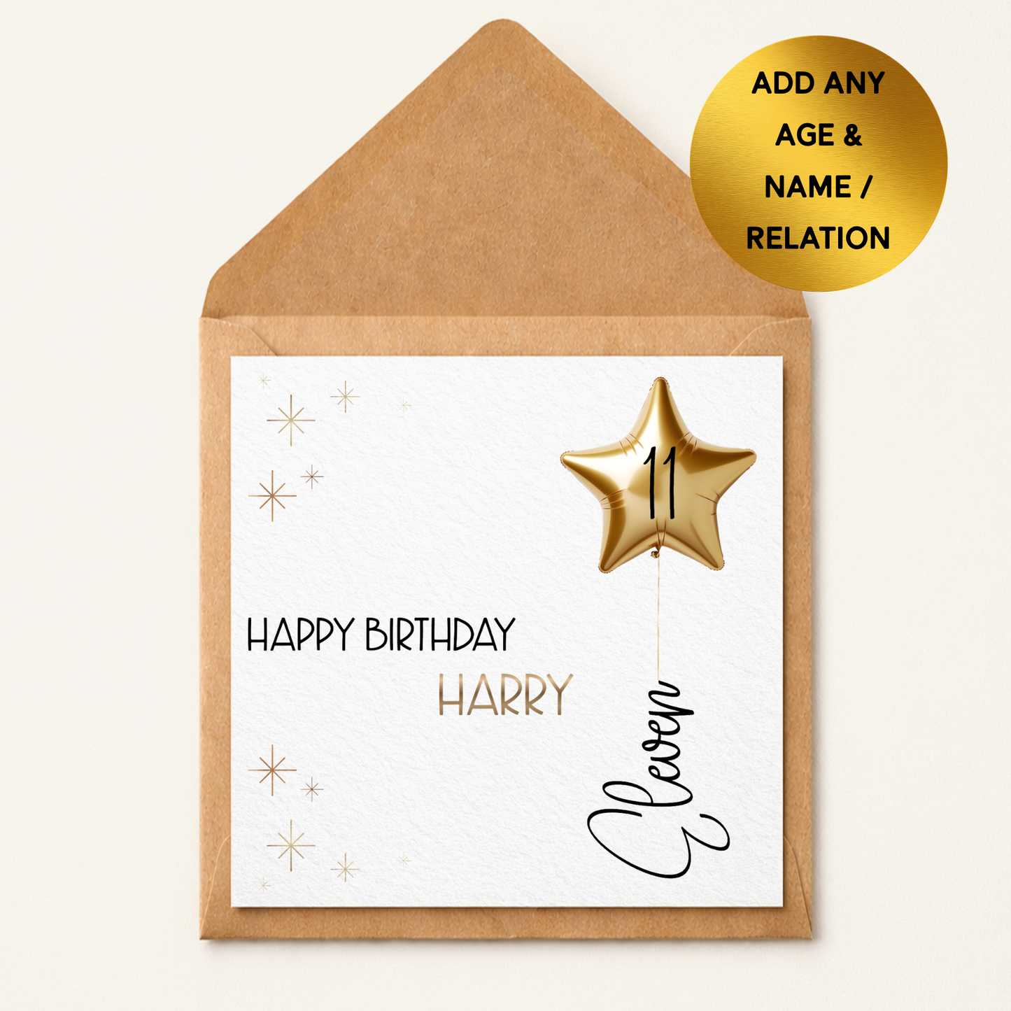 Personalised Birthday Card, Gold Star Balloon, Custom Name, Milestone Age