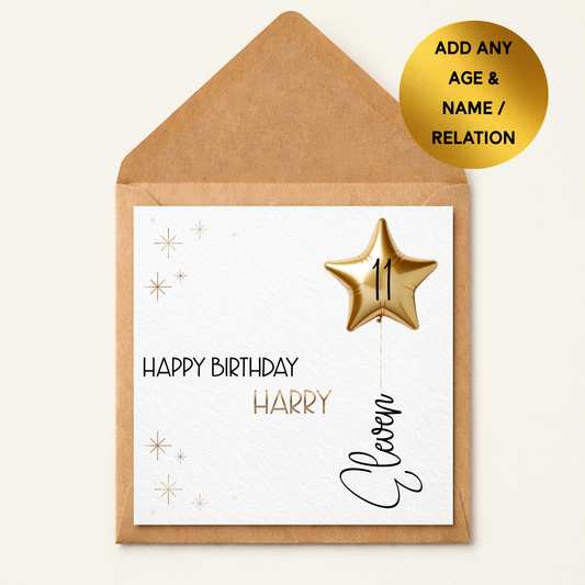Personalised Birthday Card, Gold Star Balloon, Custom Name, Milestone Age