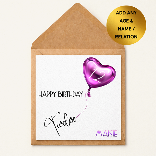Personalised Birthday Card | Pink Balloon Age Design, Custom Name (Any Age)