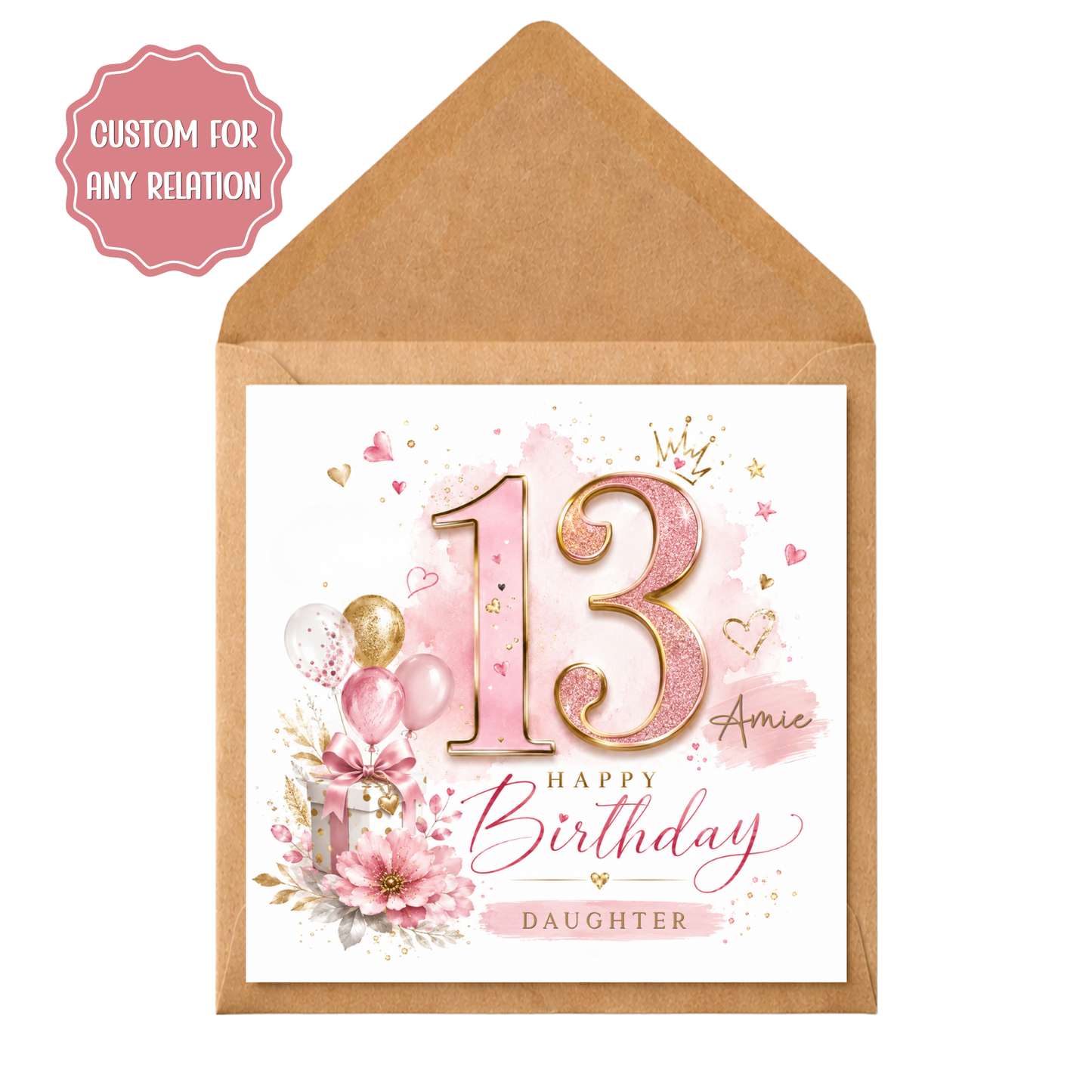 Personalised 13th Birthday Card for Daughter | Custom Name & Relation | Pink Teen Birthday Card | Age 13 Birthday Card for Girl
