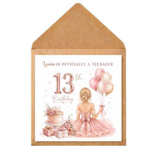 Personalised 13th Birthday Card | Teenager Birthday Card | Custom Name Card | Pink Floral Birthday Card | Girl Birthday Card