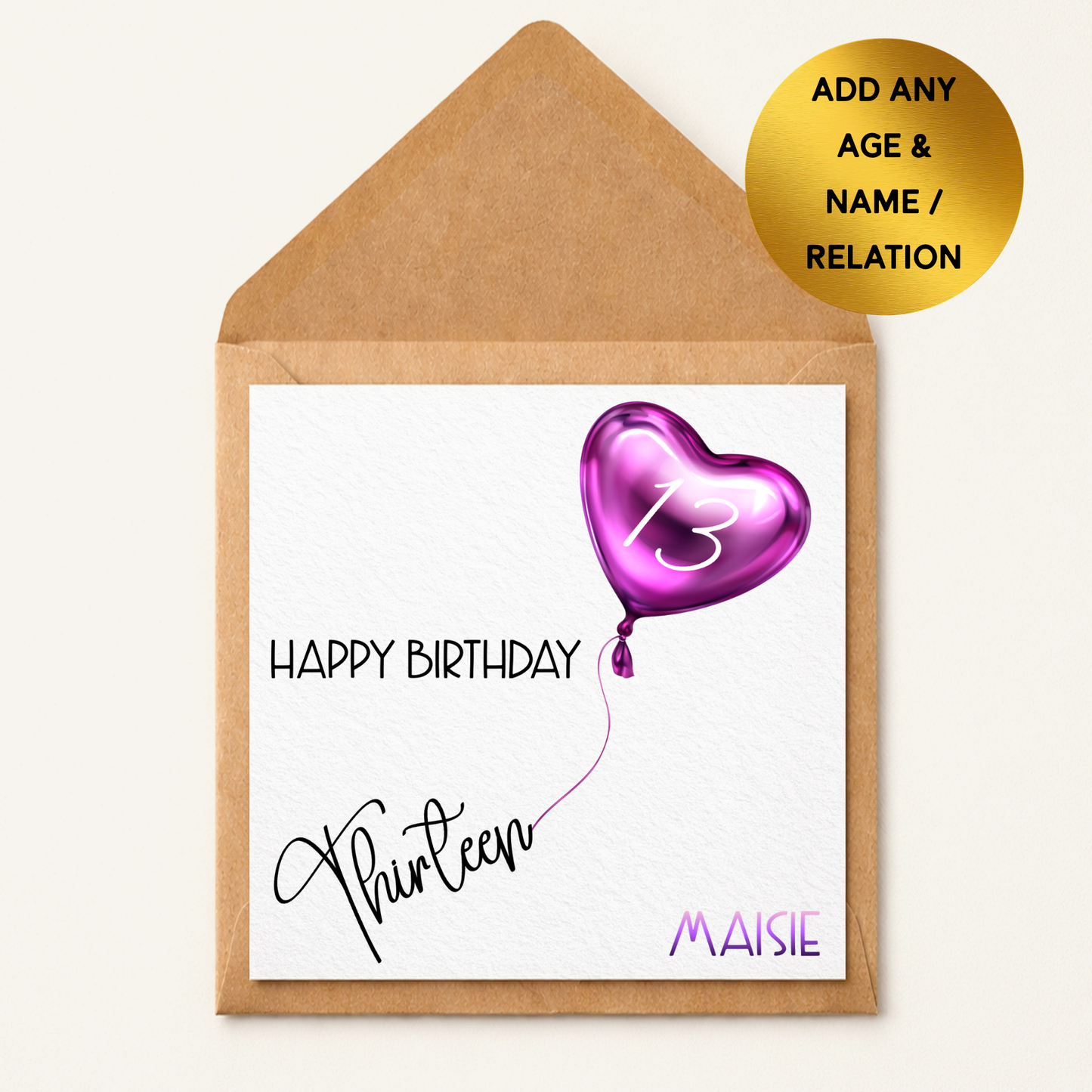 Personalised Birthday Card | Pink Balloon Age Design, Custom Name (Any Age)