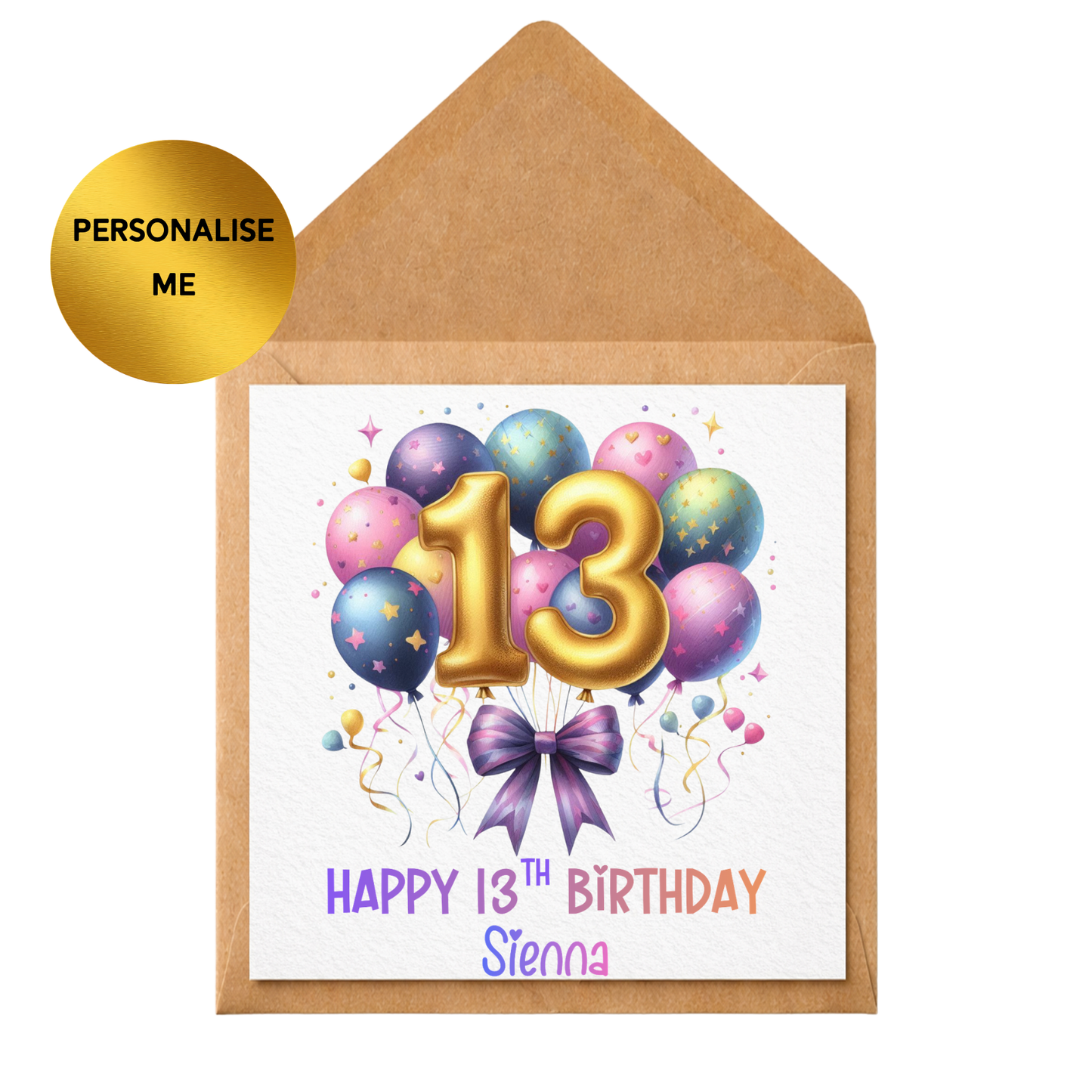 Personalised 13th Birthday Card Girl | 13 Birthday Balloon Card | Custom Name Age 13 Card | Teen Birthday Card | Daughter Niece Granddaughter