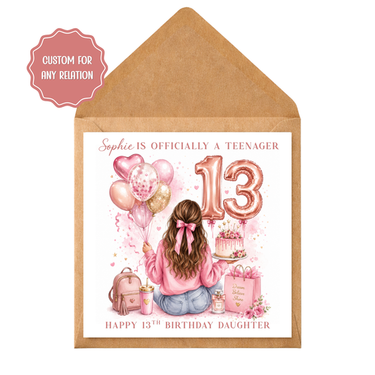 Personalised 13th Birthday Card for her | Officially a Teenager Card | Granddaughter Daughter Birthday Card | Custom Name Age 13 Girl Card