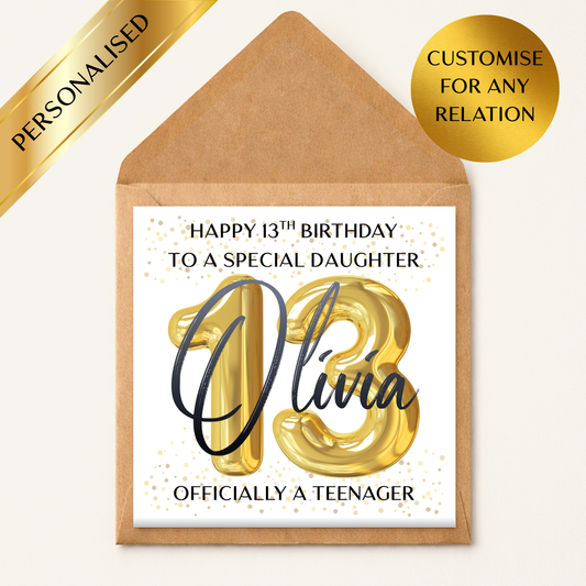 Personalised 13th Birthday Card – Officially a Teenager Card – Custom Name Age Relation – 13th Birthday Son Daughter Grandson Granddaughter – Teen Birthday