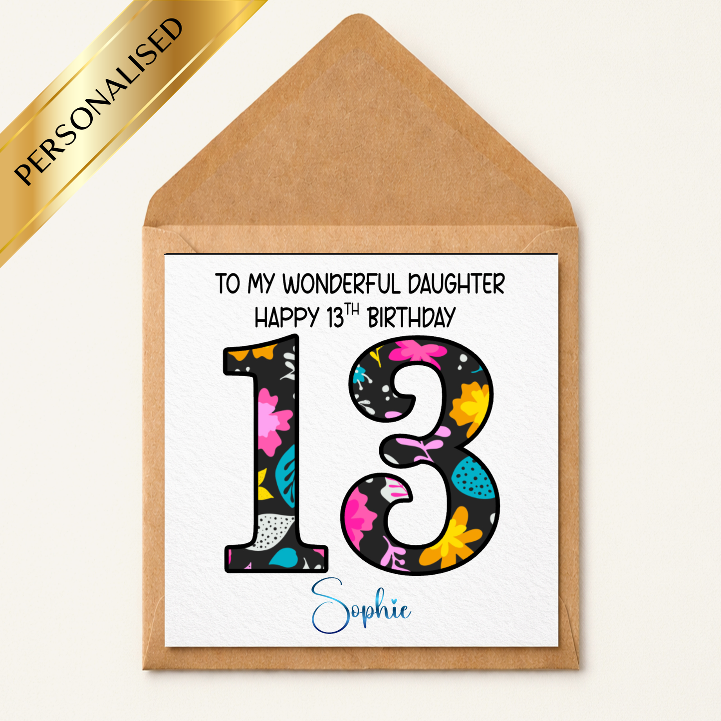 Personalised 13th Birthday Card for Daughter | Happy 13th Birthday Girl Card | Custom Name Age 13 Card | Teen Birthday Card | Floral Number Birthday