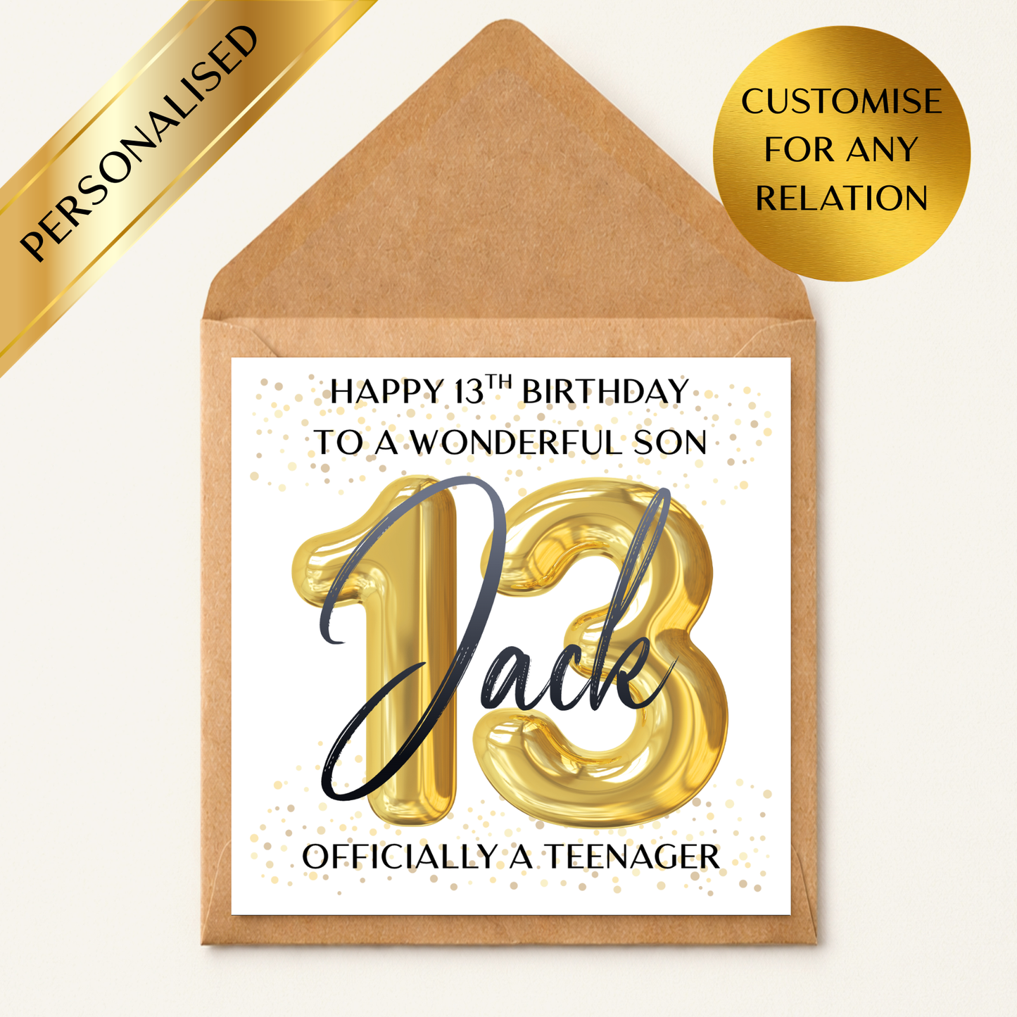 Personalised 13th Birthday Card – Officially a Teenager Card – Custom Name Age Relation – 13th Birthday Son Daughter Grandson Granddaughter – Teen Birthday