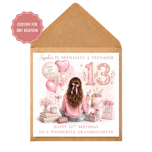 Personalised 13th Birthday Card for her | Officially a Teenager Card | Granddaughter Daughter Birthday Card | Custom Name Age 13 Girl Card
