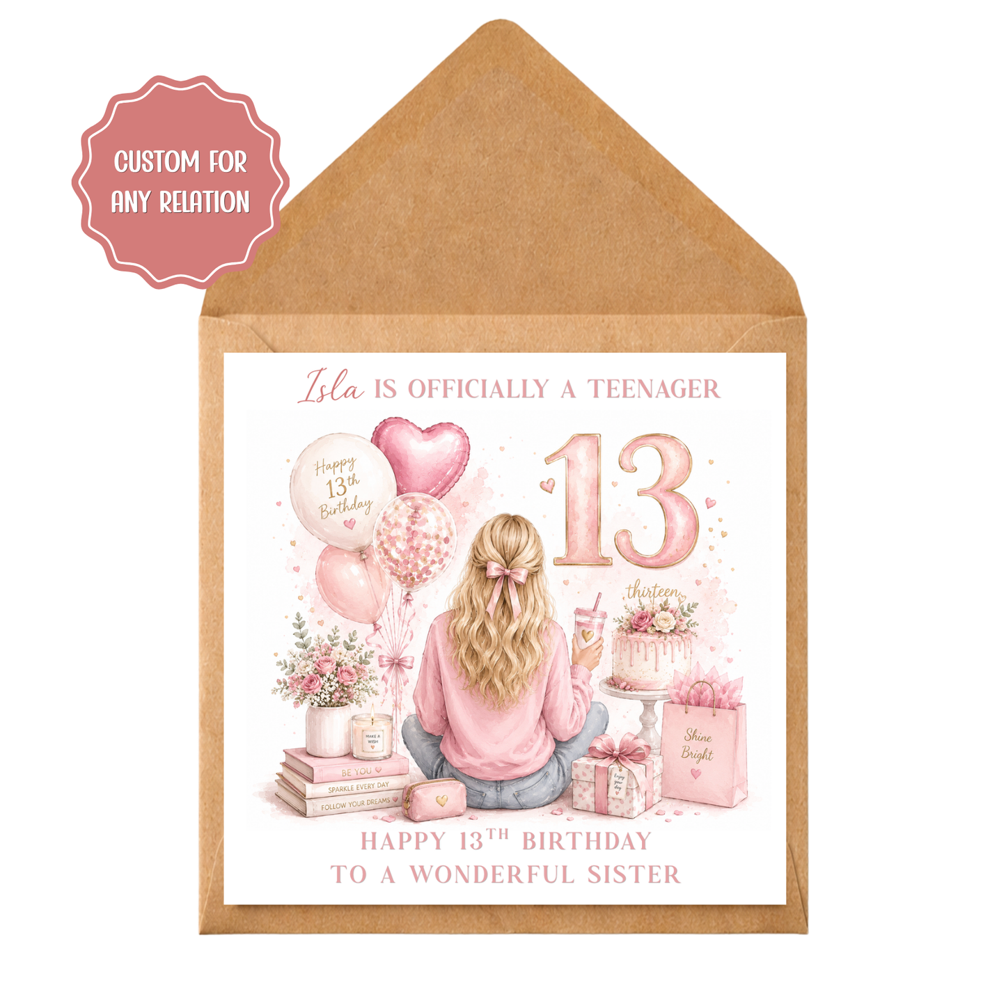 Personalised 13th Birthday Card for her | Officially a Teenager Card | Granddaughter Daughter Birthday Card | Custom Name Age 13 Girl Card
