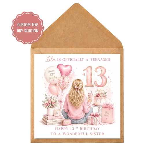 Personalised 13th Birthday Card for her | Officially a Teenager Card | Granddaughter Daughter Birthday Card | Custom Name Age 13 Girl Card
