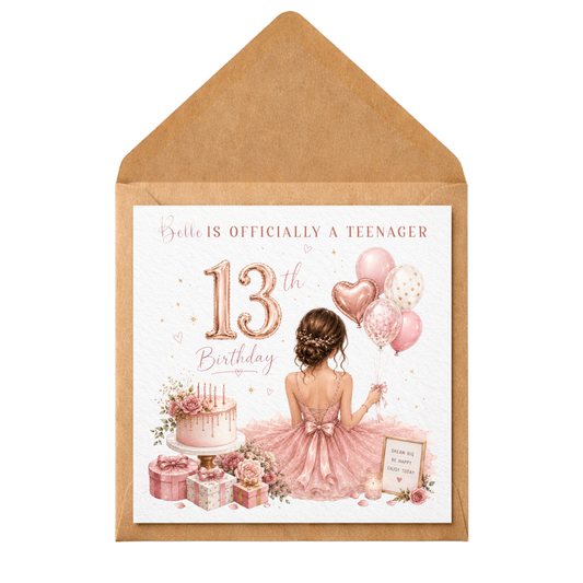 Personalised 13th Birthday Card for Girl | Officially a Teenager Card | Pink Dress & Balloons | Custom Name Age 13