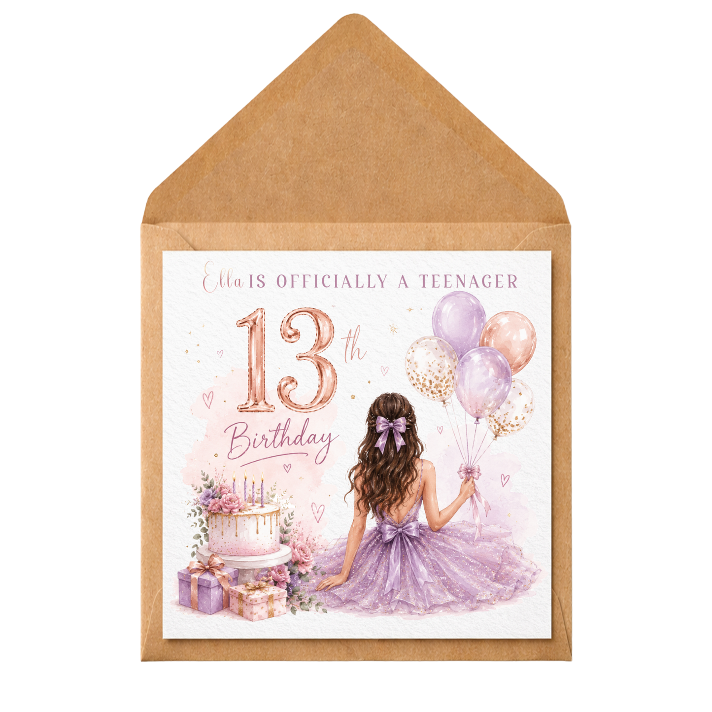 Personalised 13th Birthday Card for Girl | Officially a Teenager Card | Purple Dress & Balloons | Custom Name Age 13