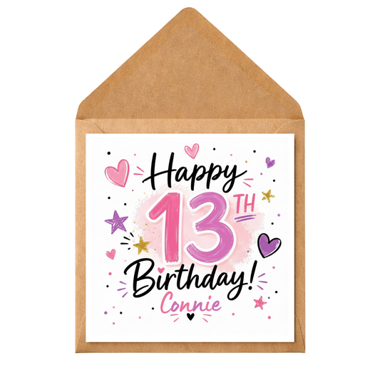 Personalised 13th Birthday Card for Girl | Custom Name Age 13 Birthday Card | Pink Teenage Birthday Card | Daughter Granddaughter Niece