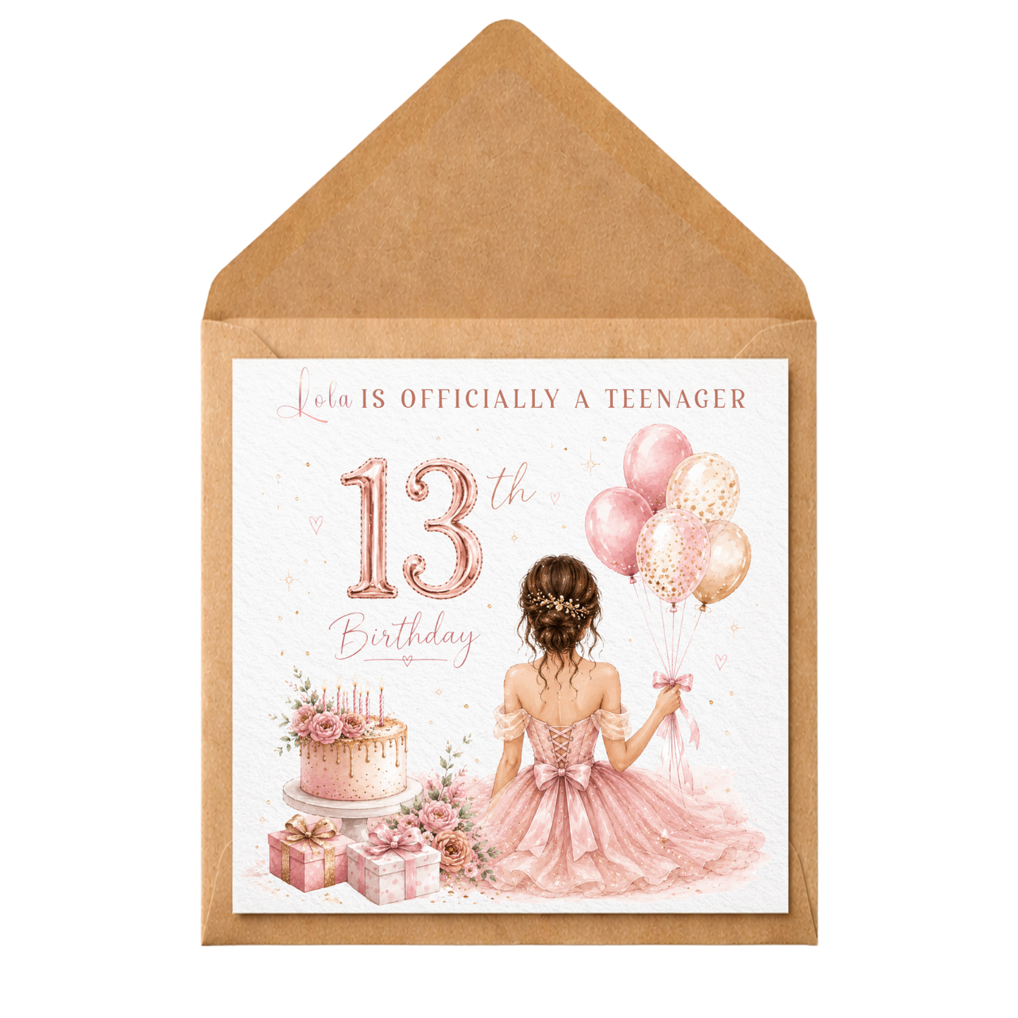 Personalised 13th Birthday Card for Girl | Officially a Teenager Card | Pink Dress & Balloons | Custom Name Age 13