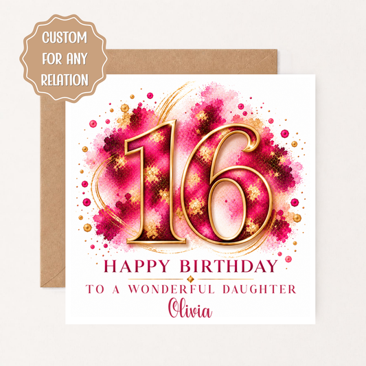 Personalised 16th Birthday Card for Daughter, Sweet 16 Birthday Card for Granddaughter, Niece, Goddaughter, Pink Gold Age 16 Card