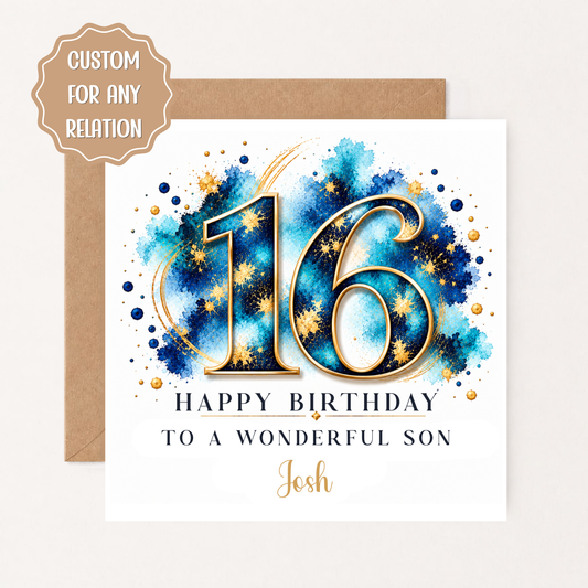 Personalised 16th Birthday Card, Blue Gold Sweet 16 Card for Son, Grandson, Nephew, Brother, Custom Name Birthday Card