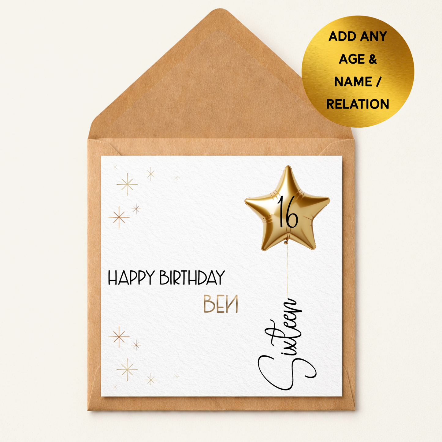 Personalised Birthday Card, Gold Star Balloon, Custom Name, Milestone Age