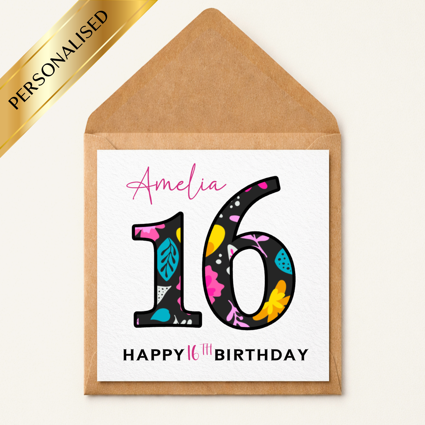 Personalised 16th Birthday Card | Sweet 16 Birthday Card | Custom Name 16th Card | Floral Number Sixteen Card | 16th Birthday Card for Girl Daughter Friend