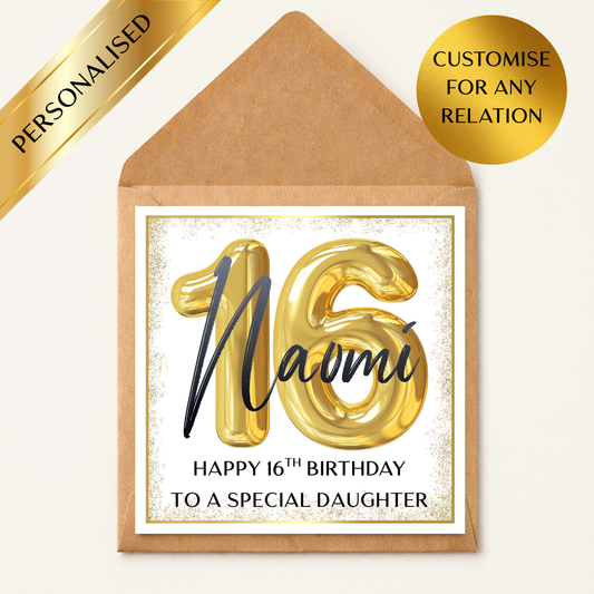 Personalised 16th Birthday Card Any Name & Relation | Sweet 16 Gold Balloon Card | Custom 16 Birthday Son Daughter Grandson Granddaughter