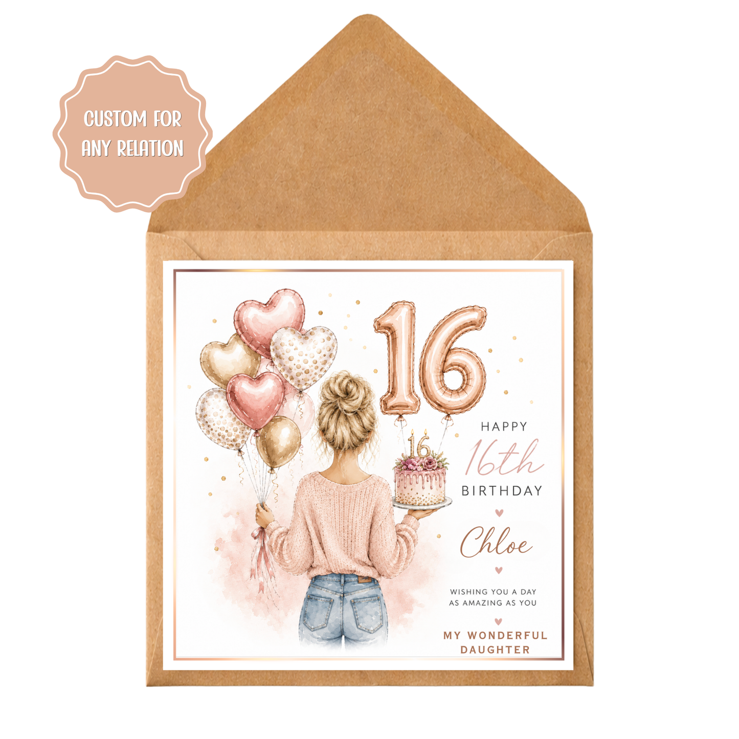 Personalised 16th Birthday Card for Daughter, Sweet 16 Birthday Card, Custom Birthday Card for Teenage Girl, Any Relation