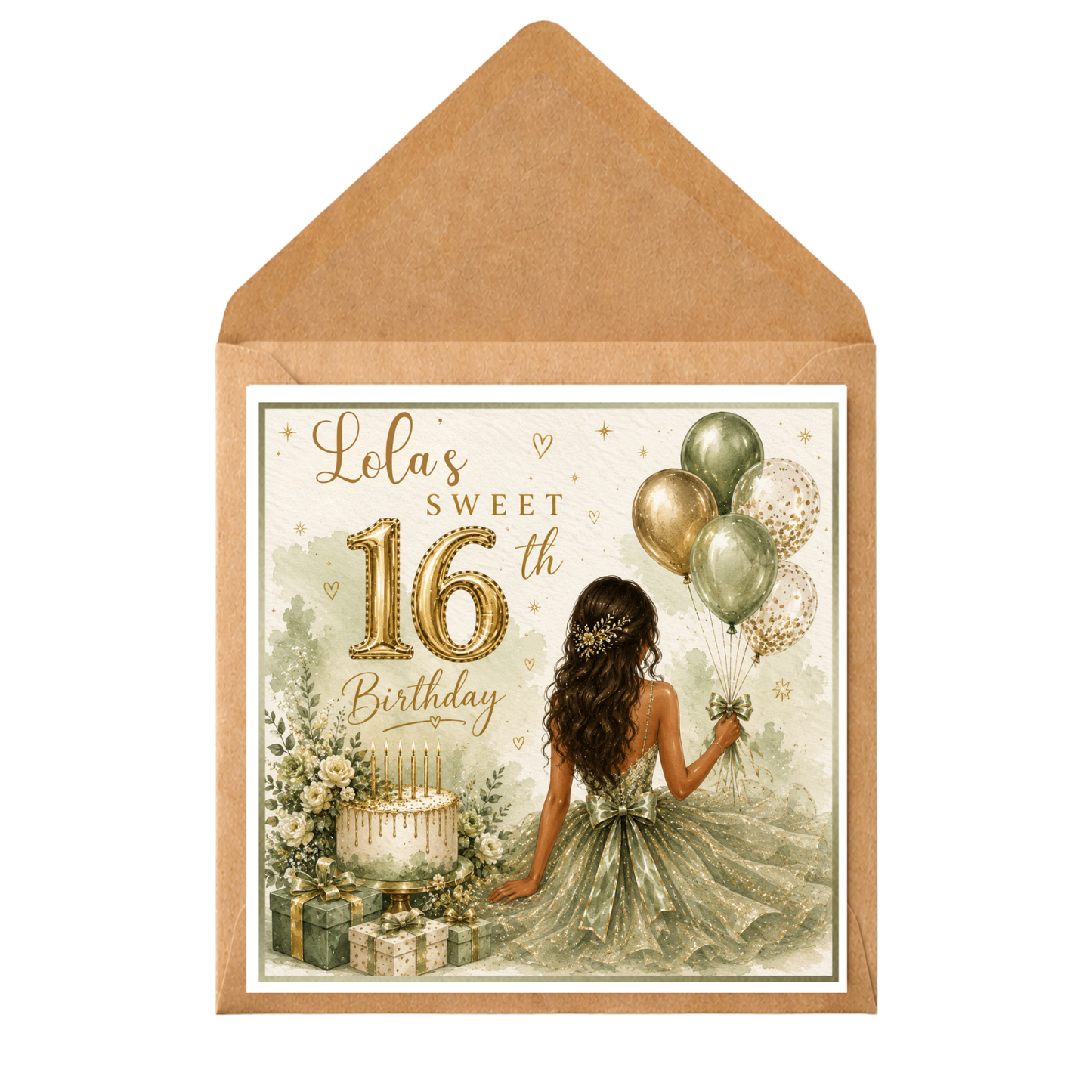 Personalised 16th Birthday Card for Daughter, Granddaughter, Niece, Sister, Friend | Elegant Sage Green & Gold Sweet 16 Card | Custom Name Birthday Card