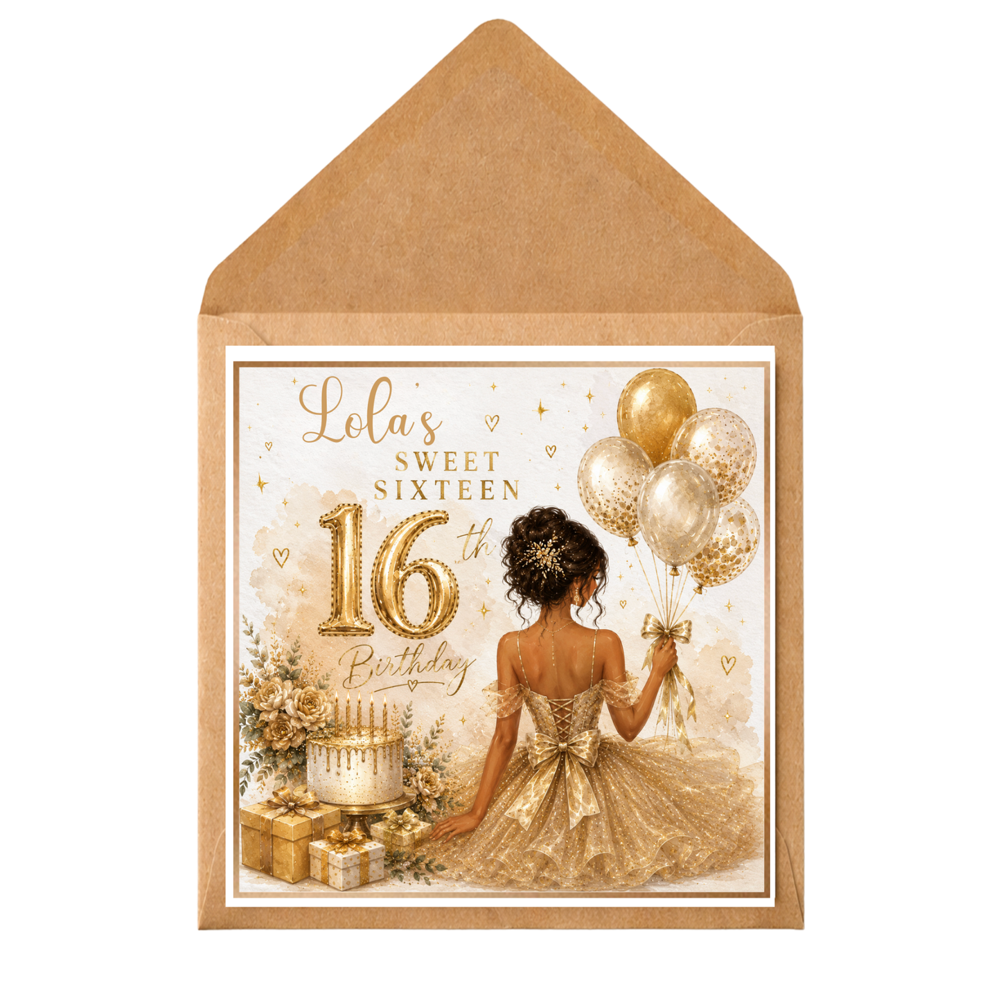 Personalised Sweet 16 Birthday Card for Daughter, Granddaughter, Niece | Elegant Gold & Champagne Birthday Card | Any Name Customised