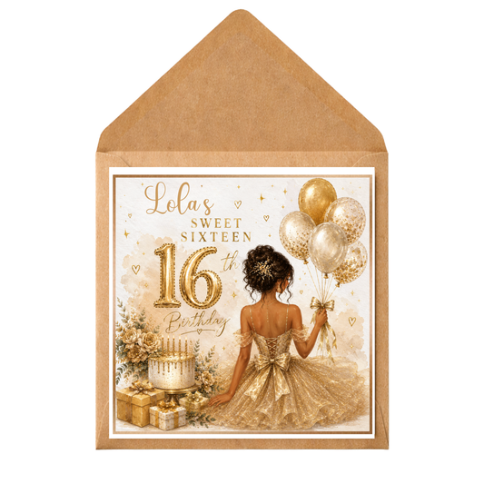 Personalised Sweet 16 Birthday Card for Daughter, Granddaughter, Niece | Elegant Gold & Champagne Birthday Card | Any Name Customised