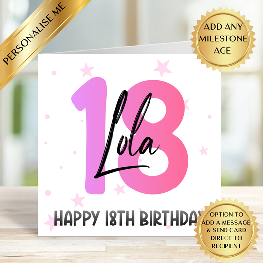 Personalised Milestone Birthday Card | Custom Name & Any Age Milestone Card | Pink Birthday Card for Her | Personalised Birthday Card