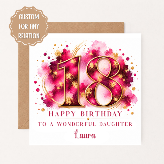 Personalised 18th Birthday Card for Daughter, Granddaughter or Niece, Pink Gold 18th Birthday Card, Custom Name Card for Her