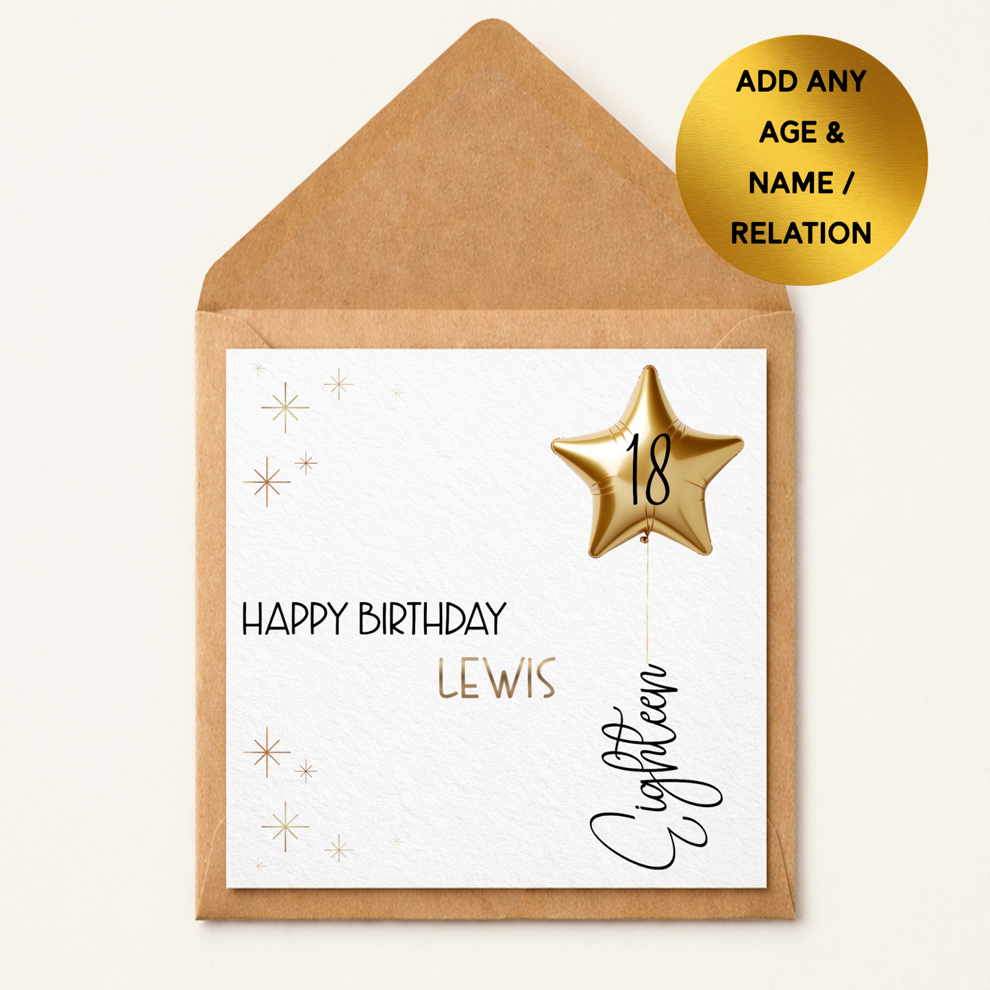 Personalised Birthday Card, Gold Star Balloon, Custom Name, Milestone Age