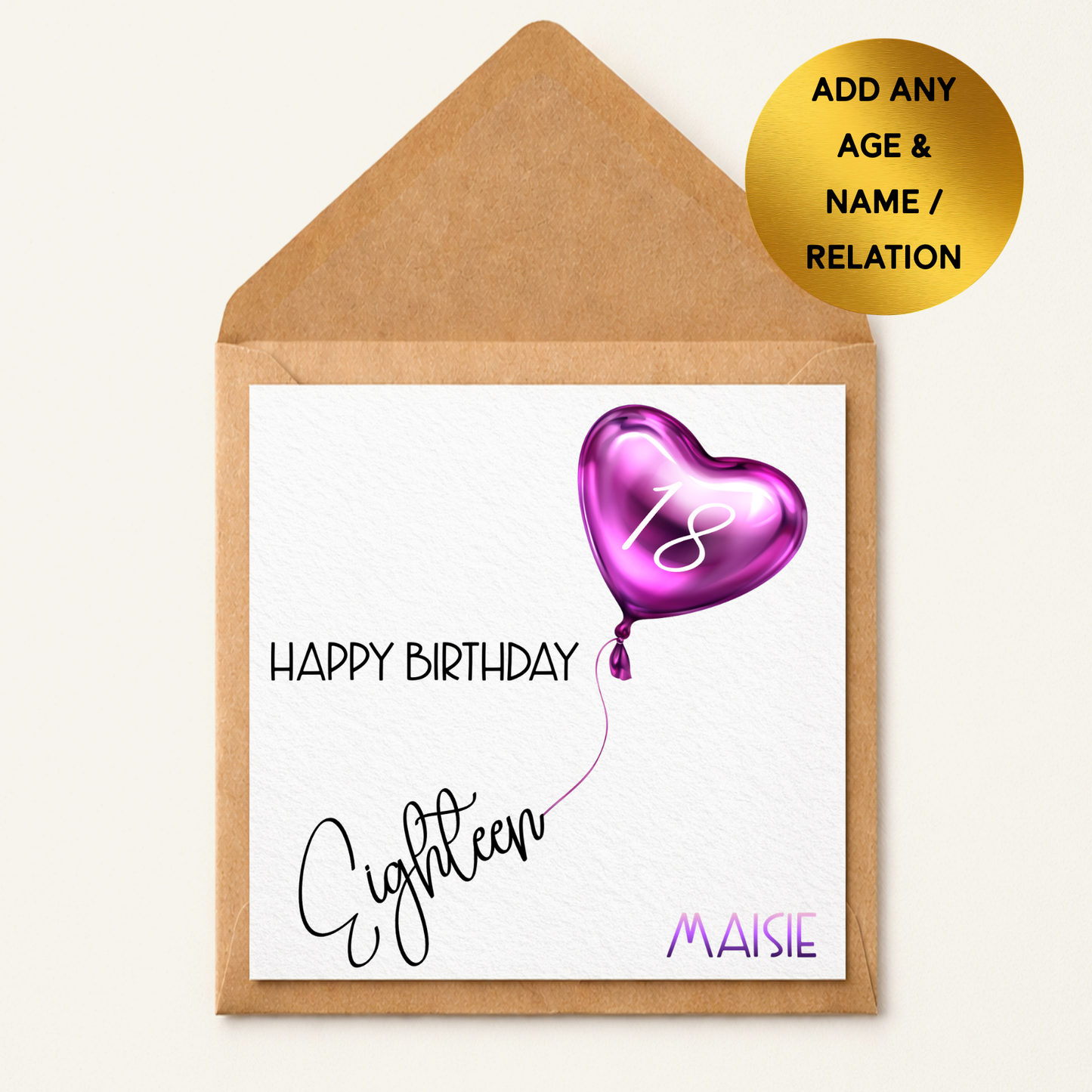 Personalised Birthday Card | Pink Balloon Age Design, Custom Name (Any Age)