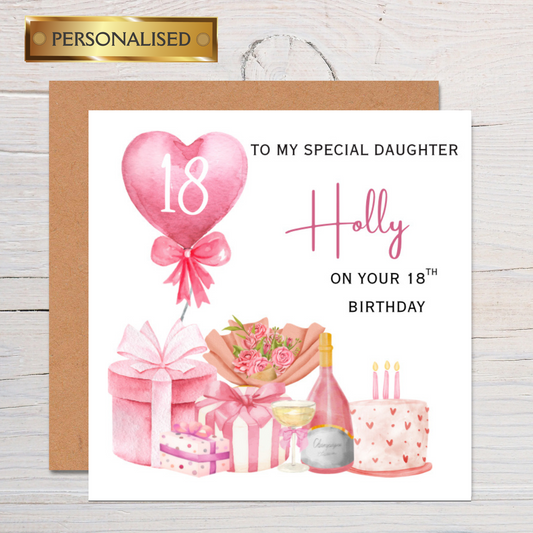 Personalised Female Birthday Card – Any Age & Relation: Custom Name Pink Balloon Cake and Champagne Design