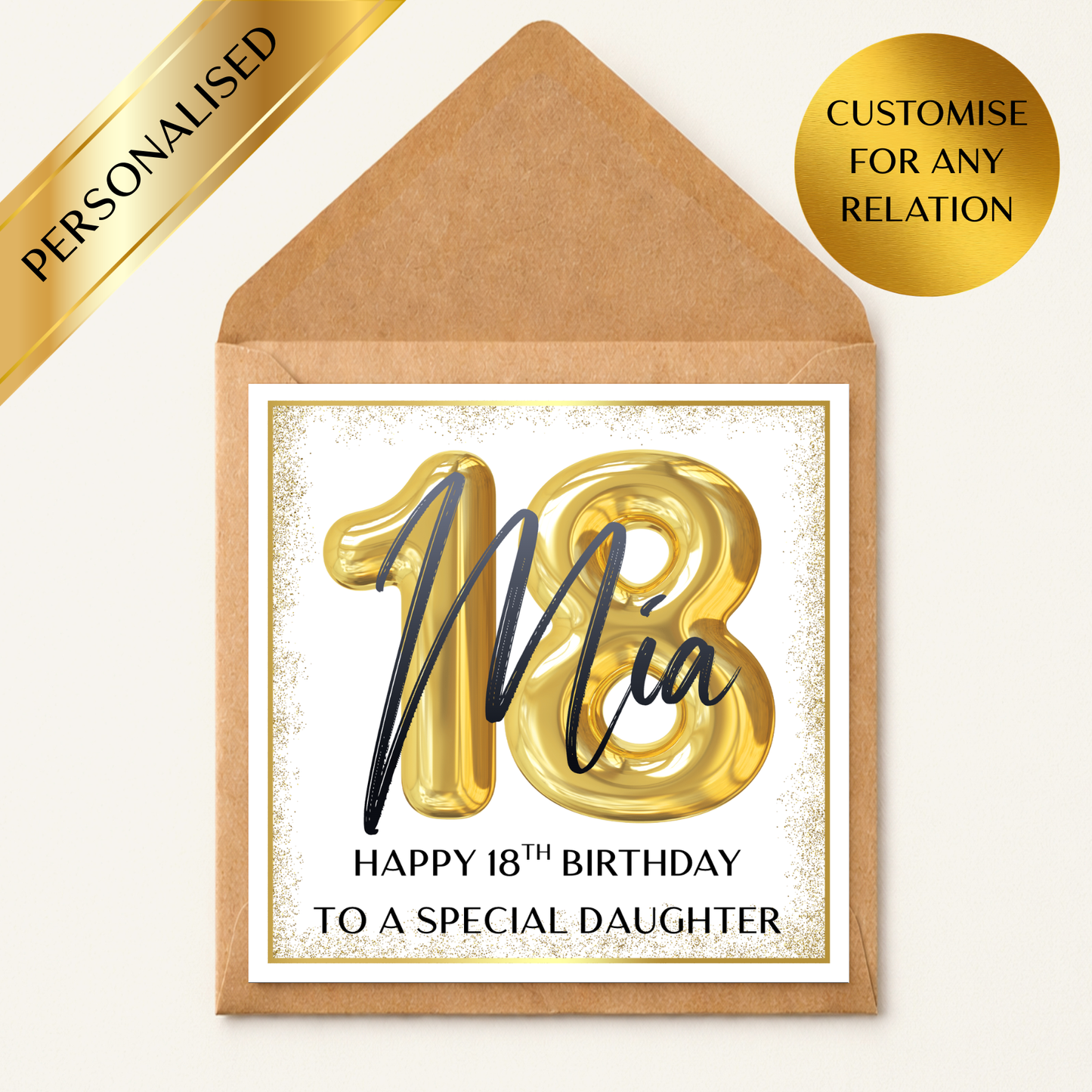 Personalised 18th Birthday Card – Custom Name & Relation – Gold 18 Balloon Card – Son Daughter Grandson Granddaughter – Luxury Milestone Birthday Card