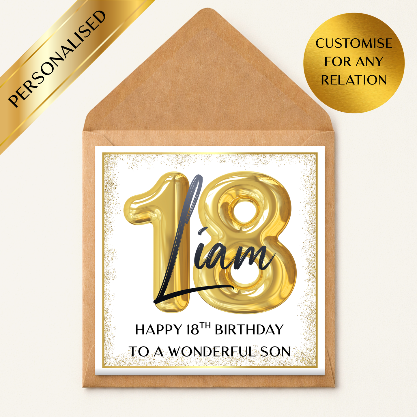 Personalised 18th Birthday Card – Custom Name & Relation – Gold 18 Balloon Card – Son Daughter Grandson Granddaughter – Luxury Milestone Birthday Card