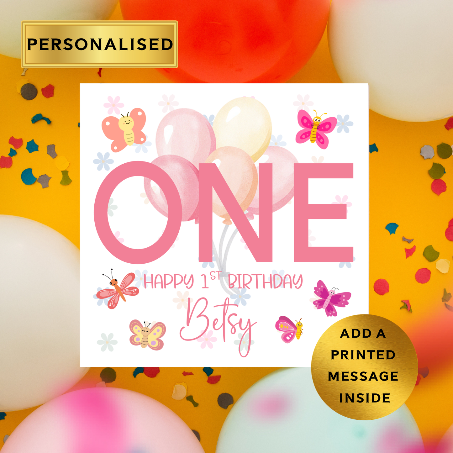 Personalised Kids Birthday Card – Any Age, Any Name | Butterfly & Balloons Theme