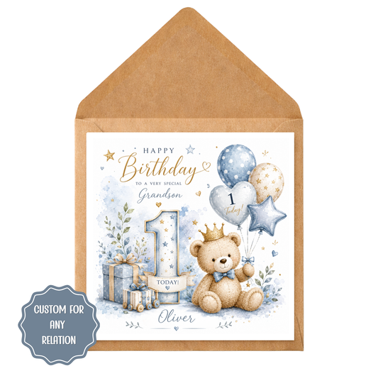 Personalised 1st Birthday Card | Teddy Bear First Birthday Card | Custom Any Relation & Name | Blue Balloon Birthday Card