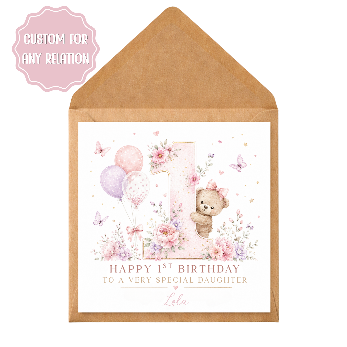Personalised 1st Birthday Card | First Birthday Card Girl | Teddy Bear Birthday Card | Custom Age One Card | Any Relation