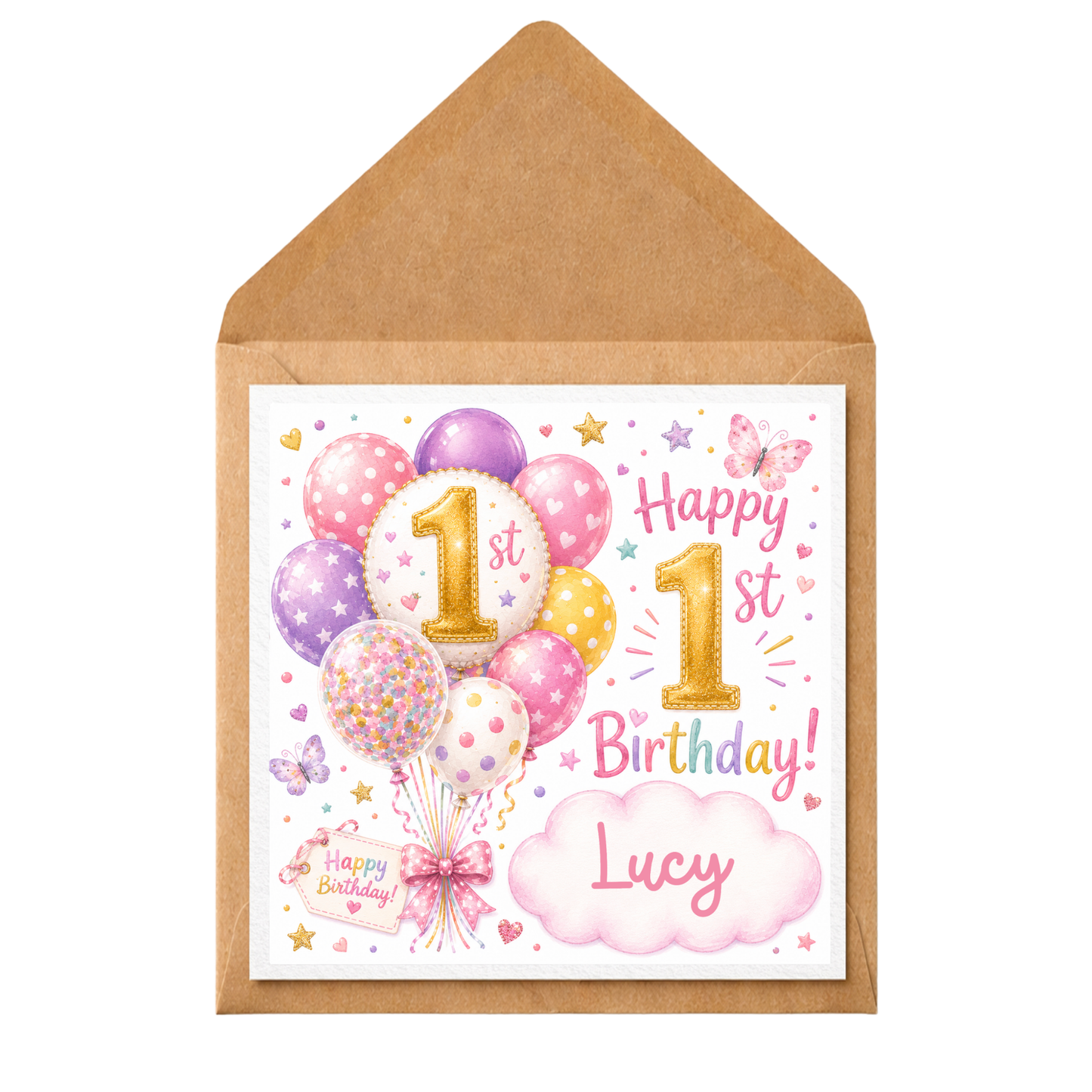 Personalised 1st Birthday Card for Girl | Pink Balloon First Birthday Card | Custom Name Birthday Card | Cute Age 1 Card for Daughter Niece Granddaughter