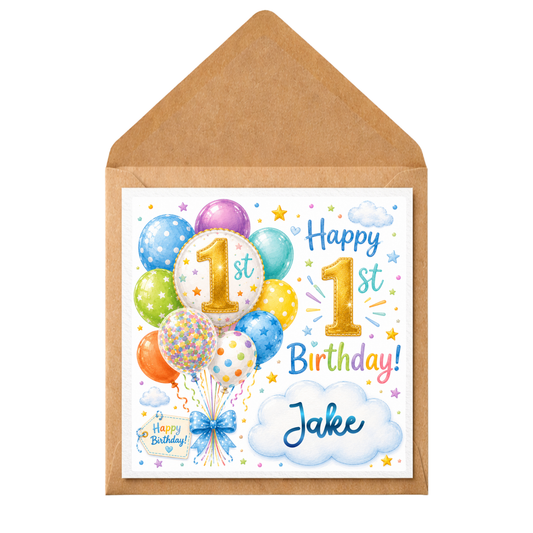 Personalised 1st Birthday Card for Boy | Balloon Birthday Card | Custom Name First Birthday Card | Cute Watercolour Birthday Card