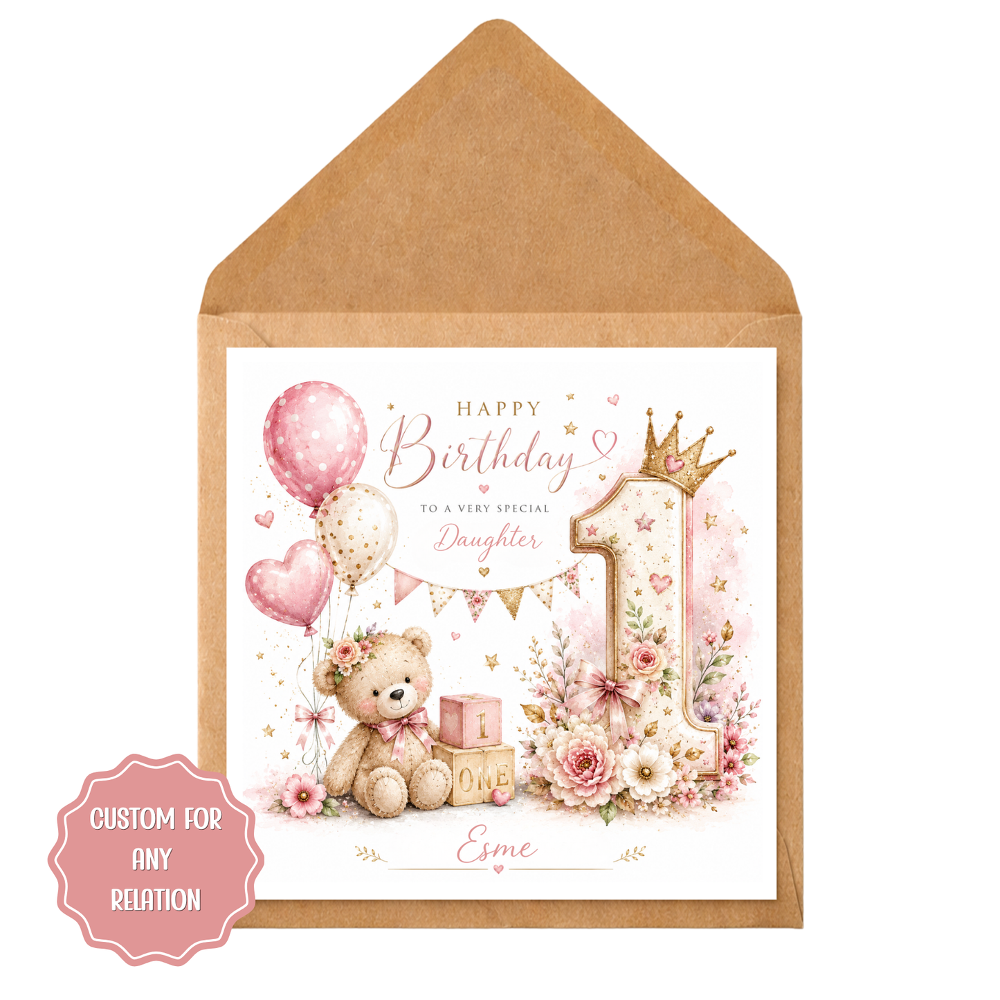 Personalised 1st Birthday Card for Daughter | First Birthday Teddy Bear Card | Pink 1st Birthday Card | Custom Name & Any Relation
