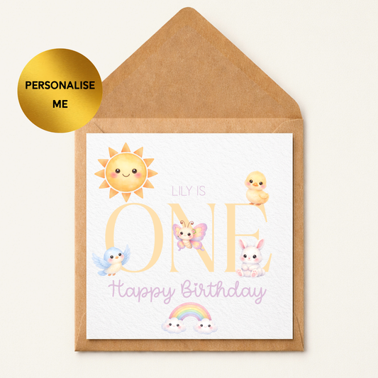 Personalised 1st Birthday Card Girl | First Birthday Card Personalised | Cute Baby Animals Card Age 1 | Custom Name Birthday Card Daughter
