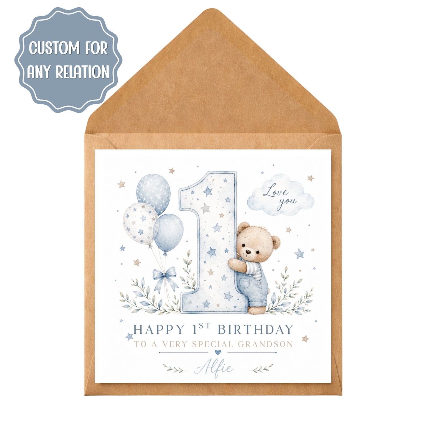 Personalised 1st Birthday Card | Custom First Birthday Card Boy | Teddy Bear Birthday Card | Age One Card | Any Relation