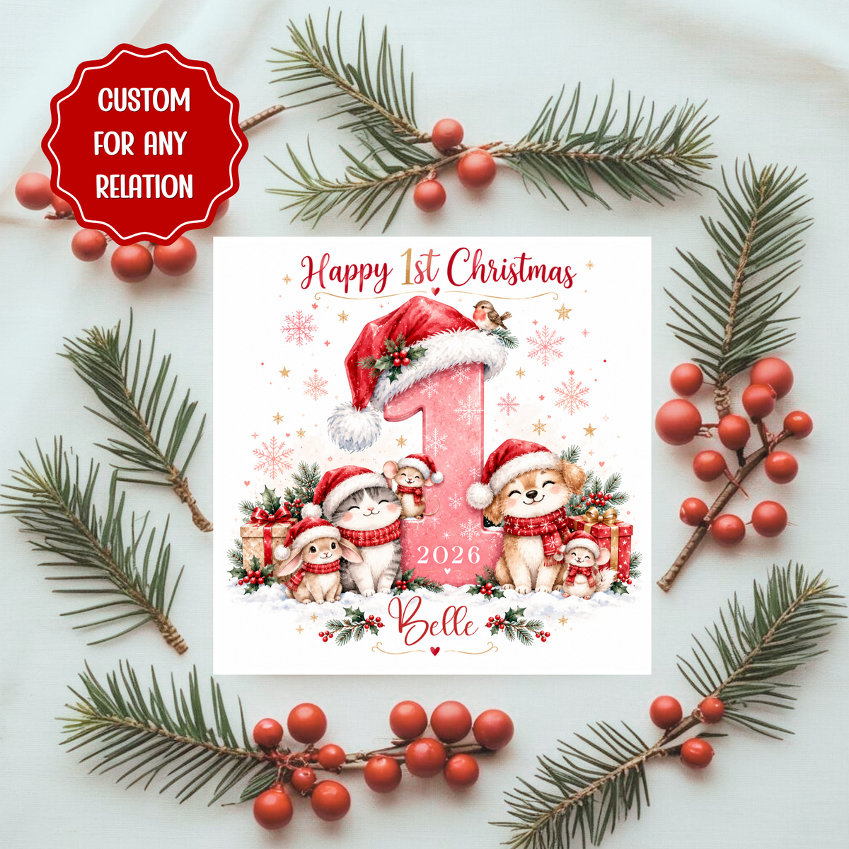 Personalised Baby’s 1st Christmas Card | 2025 First Christmas Card for Boy or Girl | Cute Animal Festive Keepsake Card